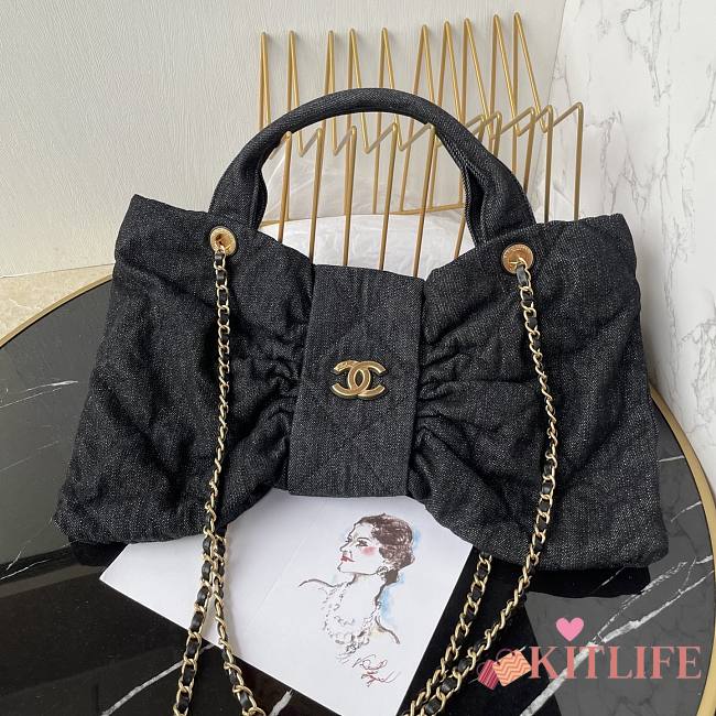 Kitlife Chanel Bow Bag Black Denim & Gold Metallic AS5851 29x38x5cm - 1