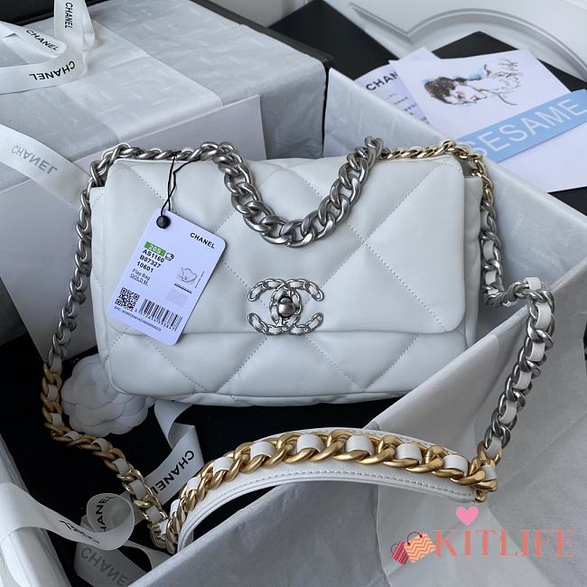Kitlife Chanel 19 Medium Flap Bag White Silver Buckle AS1160 26x9x16cm - 1
