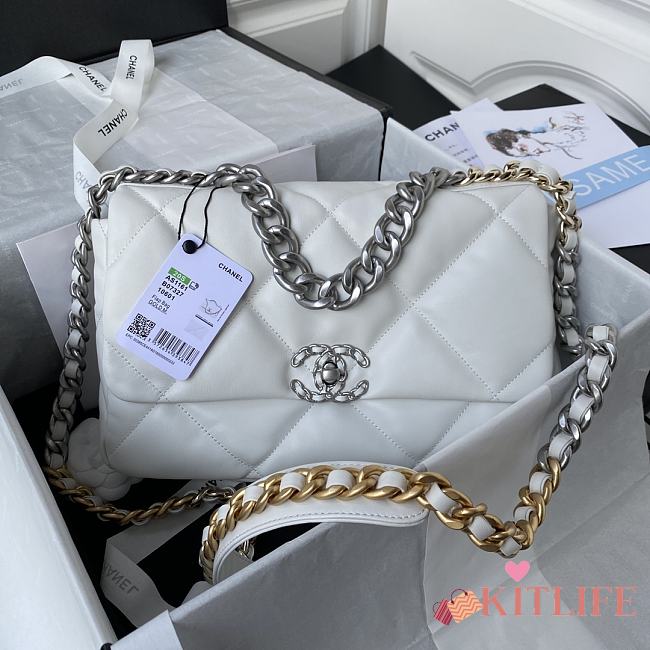 Kitlife Chanel 19 Large Flap Bag White Silver Buckle AS1161 30x20x10cm  - 1