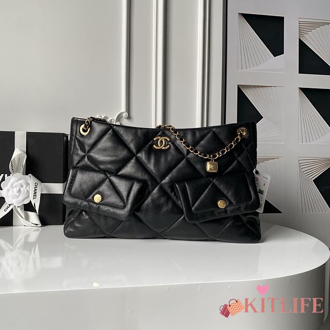 Kitlife Chanel Shopping Bag Black Shiny Lambskin & Gold Plated Metal AS5740 26x38x11cm - 1