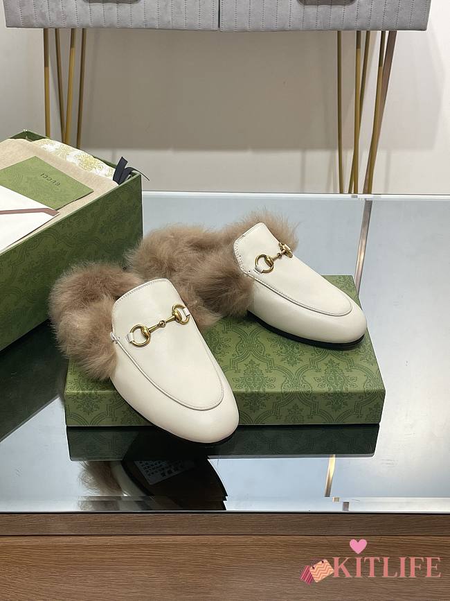 Kitlife Gucci White Calfskin Fur Women Princetown Slippers - 1