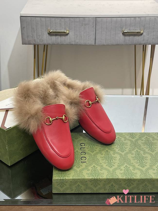 Kitlife Gucci Red Calfskin Fur Women Princetown Slippers - 1