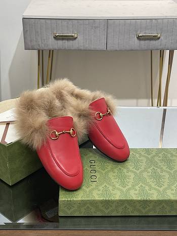 Kitlife Gucci Red Calfskin Fur Women Princetown Slippers