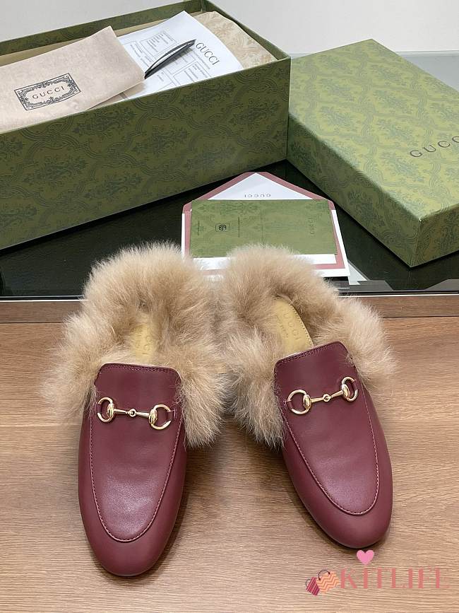 Kitlife Gucci Burgundy Calfskin Fur Women Princetown Slippers - 1