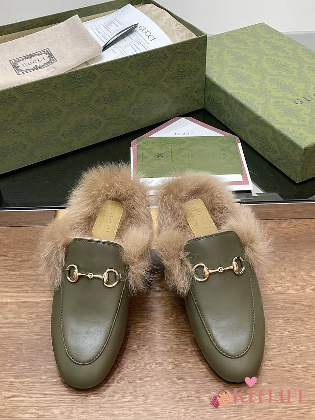 Kitlife Gucci Green Olive Calfskin Fur Women Princetown Slippers - 1