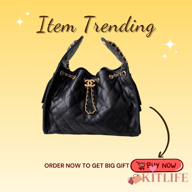 Kitlife Chanel 25C Drawstring Bucket Hobo Bag Black Grained Leather 30×26×14cm - 1