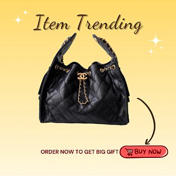 Kitlife Chanel 25C Drawstring Bucket Hobo Bag Black Grained Leather 30×26×14cm