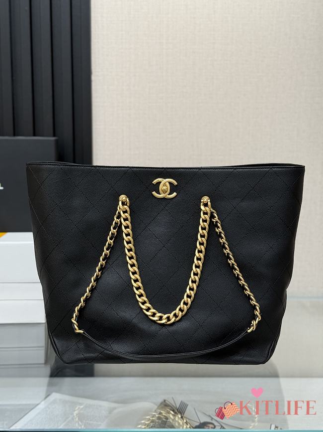 Kitlife Chanel Shopping Bag Black Grained Shiny Calfskin & Gold-Tone Metal AS5746 42x32x14cm - 1
