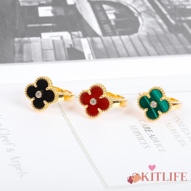 Kitlife Van Cleef & Arpels  Four-Leaf Clover Ring with Diamonds in Black/ Red / Green - 1