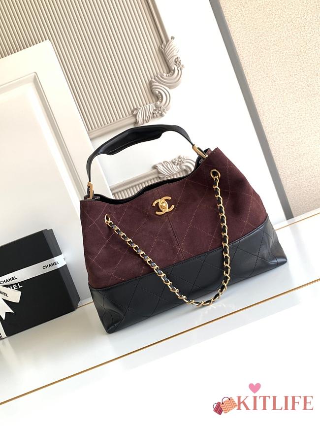 Kitlife Chanel Shopping Bag Dark Brown Suede Calfskin and Black Shiny Lambskin & Gold-Tone Metal 36x24x12cm - 1