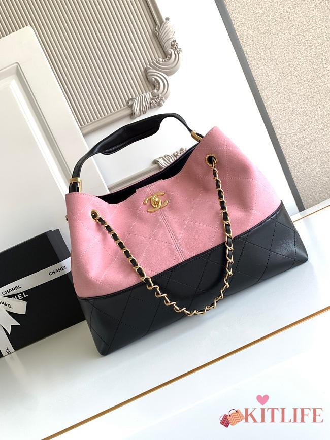 Kitlife Chanel Shopping Bag Pink Suede Calfskin and Black Shiny Lambskin & Gold-Tone Metal 36x24x12cm  - 1