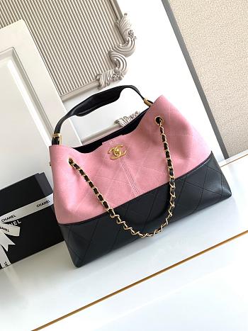 Kitlife Chanel Shopping Bag Pink Suede Calfskin and Black Shiny Lambskin & Gold-Tone Metal 36x24x12cm 