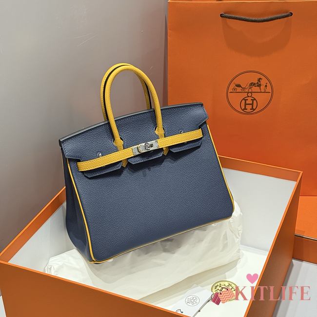 Kitlife Hermes Birkin Togo Navy Blue & Amber Yellow Leather 25cm  - 1