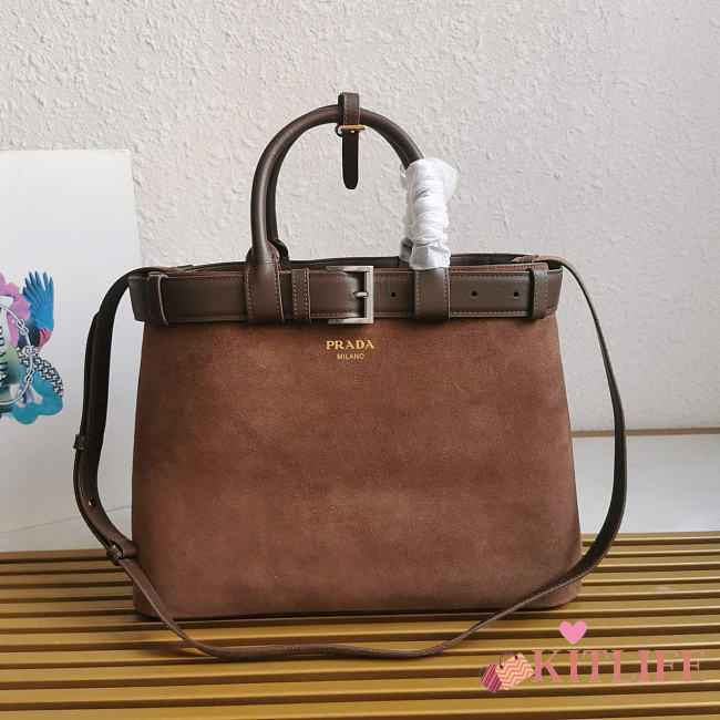 Kitlife Prada Buckle Large Caramel Suede Handbag With Belt 1BA416 37.5x27.5x14cm - 1