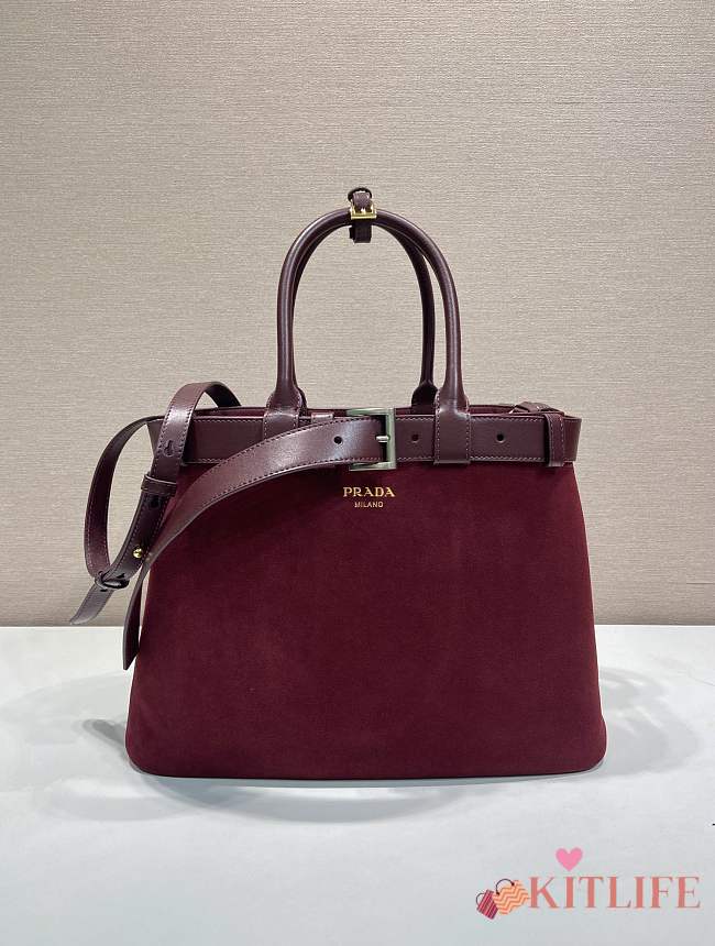Kitlife Prada Buckle Large Burgundy Suede Handbag With Belt 1BA416 37.5x27.5x14cm - 1
