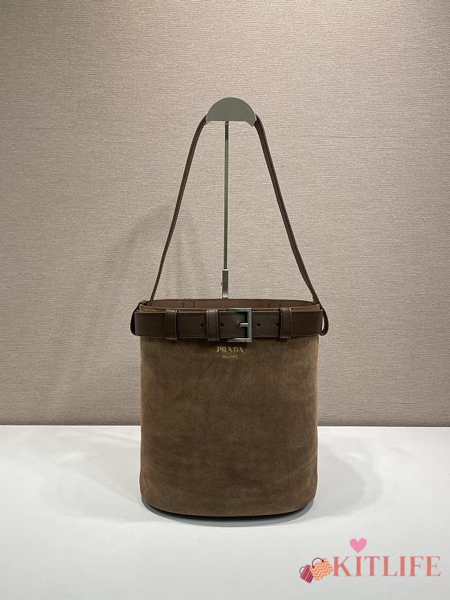 Kitlife Prada Buckle Belted Caramel Suede Bucket Bag 1BE085 26.5x29x18cm - 1