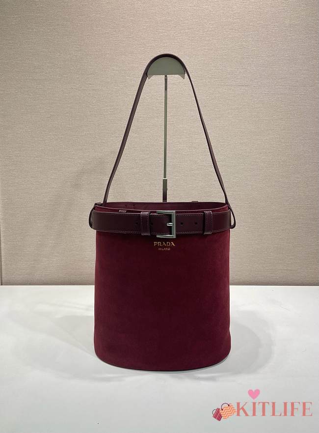 Kitlife Prada Buckle Belted Burgundy Suede Bucket Bag 1BE085 26.5x29x18cm - 1