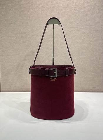 Kitlife Prada Buckle Belted Burgundy Suede Bucket Bag 1BE085 26.5x29x18cm