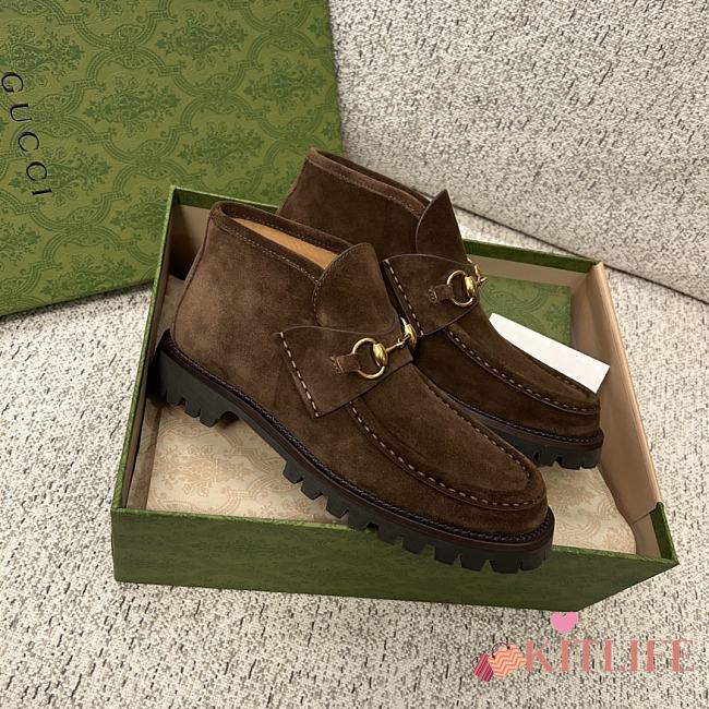 Kitlife Gucci Women's Horsebit Ankle Boots in Dark Brown Suede - 1