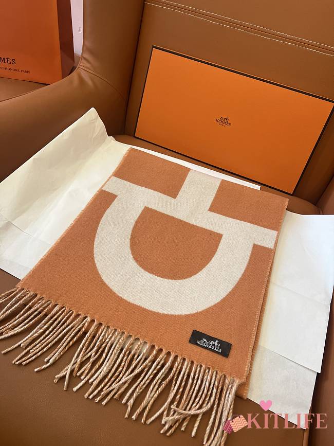 Kitlife Hermes Stirrup Cashmere Long Scarf Brown & Beige 30x140cm  - 1