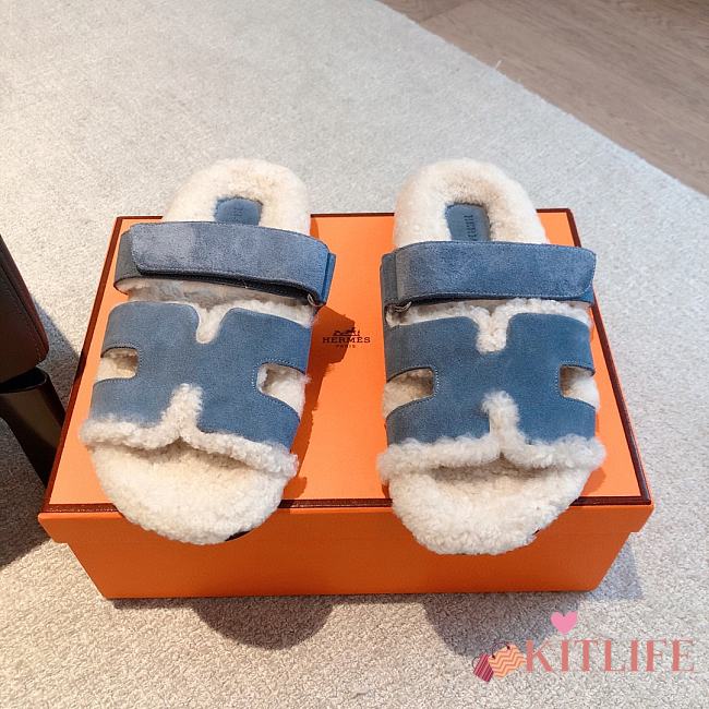 Kitlife Hermes Chypre Shearling Sandals Blue Suede - 1
