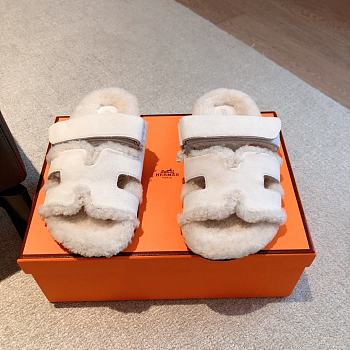 Kitlife Hermes Chypre Shearling Sandals White Suede 