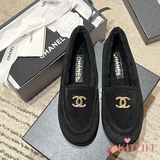 Kitlife Chanel Black Sheepskin Wool Warm Loafers - 1