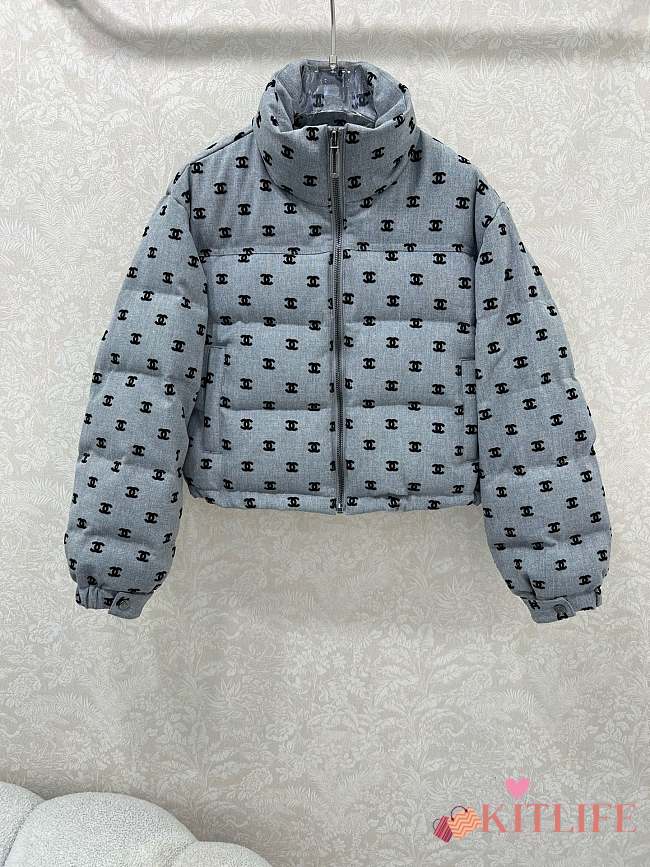 Kitlife Chanel Stand Collar Flocked Satin Down Jacket Grey  - 1