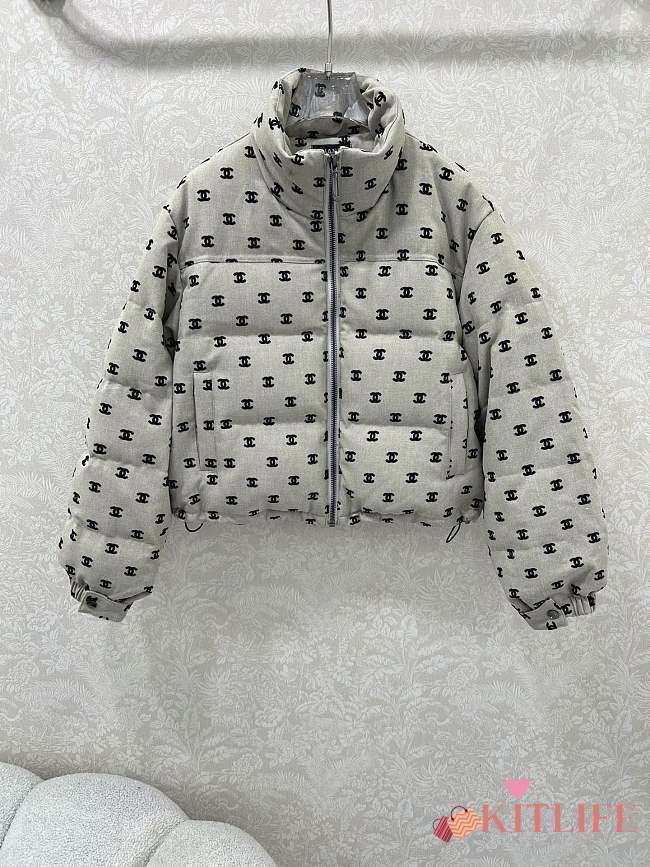 Kitlife Chanel Stand Collar Flocked Satin Down Jacket Beige - 1