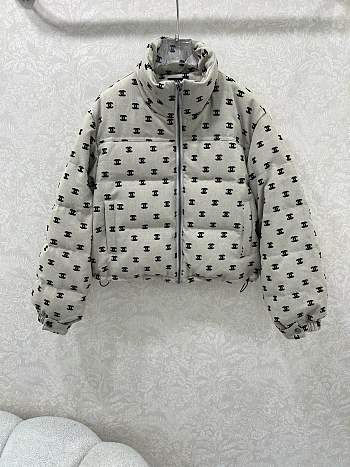 Kitlife Chanel Stand Collar Flocked Satin Down Jacket Beige