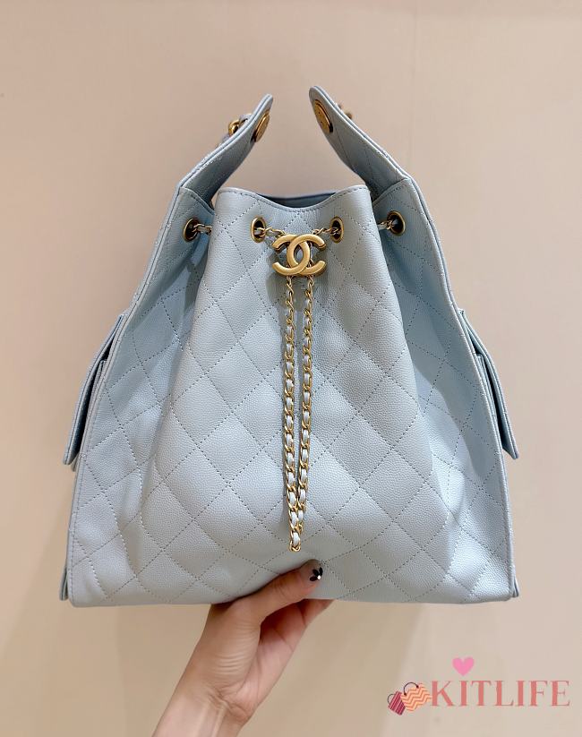 Kitlife Chanel 25C Drawstring Bucket Hobo Bag Light Blue Grained Calfskin AS5311 40x30x15cm  - 1