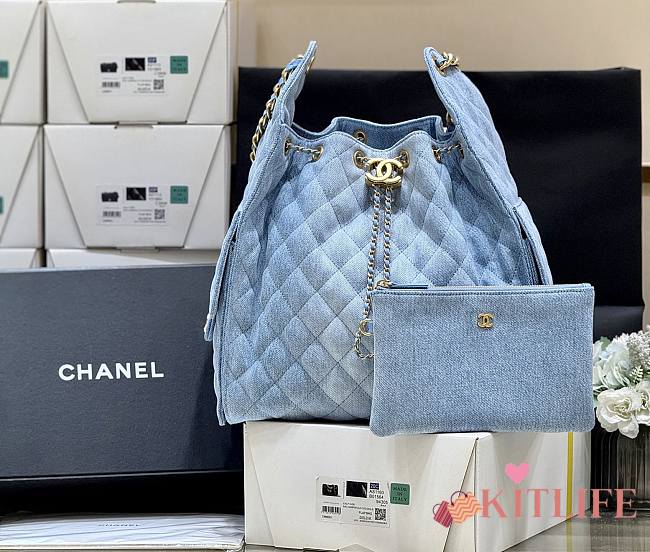 Kitlife Chanel 25C Drawstring Bucket Hobo Bag Blue Denim AS5311 40x30x15cm - 1