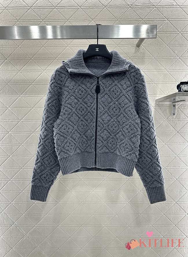Kitlife Louis Vuitton Jacquard Knit Zip-Up Hooded Jacket Grey  - 1