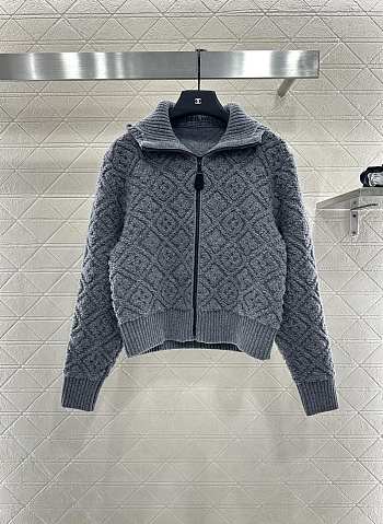 Kitlife Louis Vuitton Jacquard Knit Zip-Up Hooded Jacket Grey 