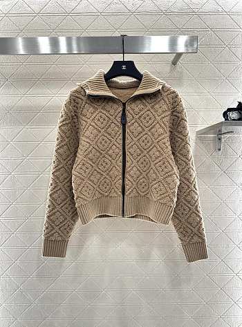 Kitlife Louis Vuitton Jacquard Knit Zip-Up Hooded Jacket Beige