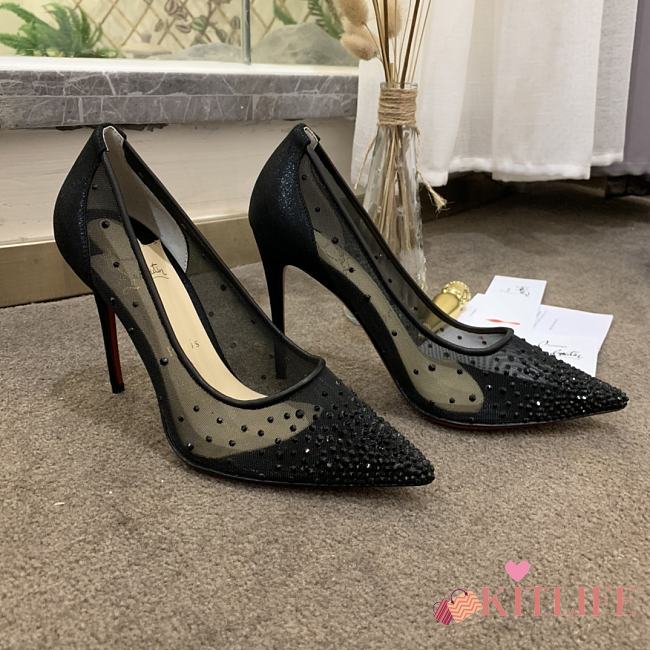 Kitlife Christian Louboutin Follies Mesh and Suede Black Pumps - 1