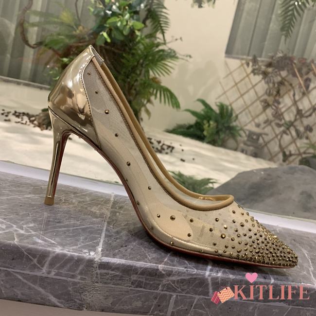 Kitlife Christian Louboutin Follies Mesh and Suede Gold Pumps  - 1