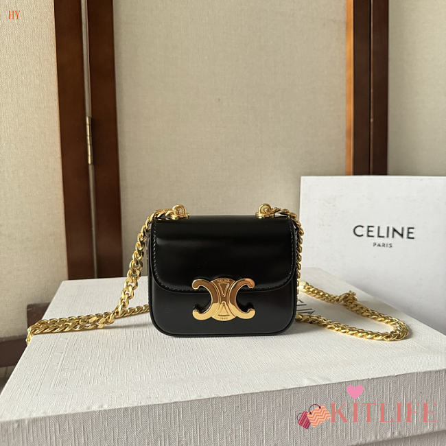 Kitlife Celine Mini Chain Claude In Black Shiny Calfskin Bag 11x9.5x4cm - 1