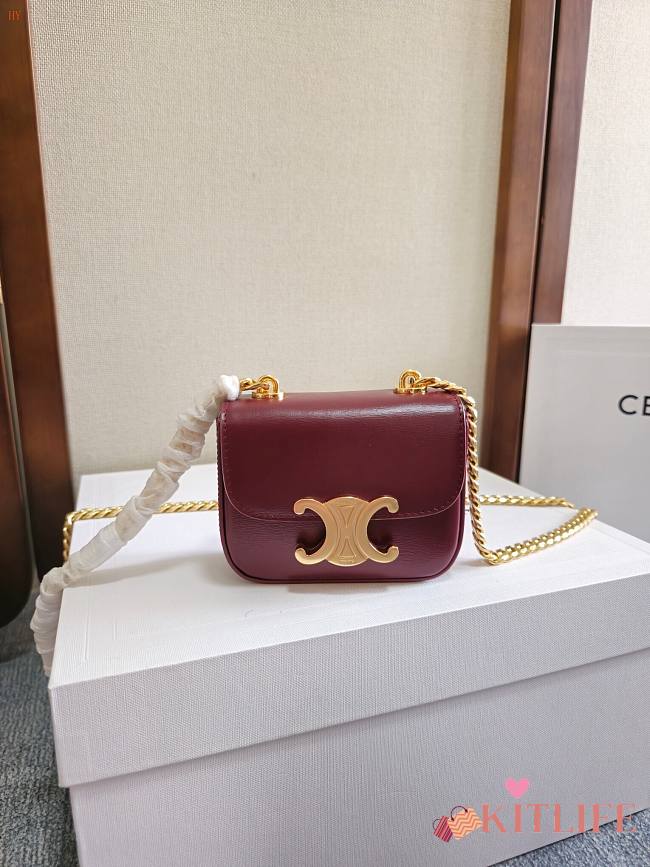 Kitlife Celine Mini Chain Claude In Burgundy Shiny Calfskin Bag 11x9.5x4cm  - 1