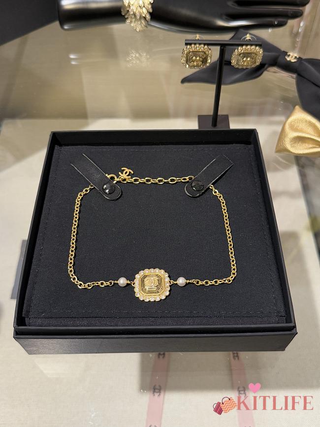 Kitlife Chanel 25k Gold Square Engraved Necklace with Full Diamond Double C Rhinestone Lace Trim and Pearl - 1