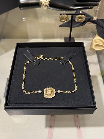 Kitlife Chanel 25k Gold Square Engraved Necklace with Full Diamond Double C Rhinestone Lace Trim and Pearl