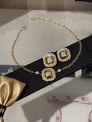 Kitlife Chanel 25k Gold Square Engraved Necklace with Full Diamond Double C Rhinestone Lace Trim and Pearl - 3