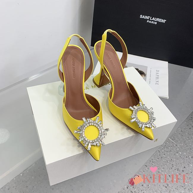 Kitlife Amina Muaddi Satin Yellow Slingback Pumps  - 1