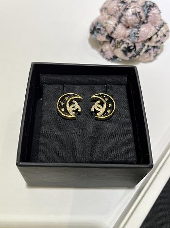 Kitlife Chanel 25K Black Enamel Full Diamond Double C Moon Earrings