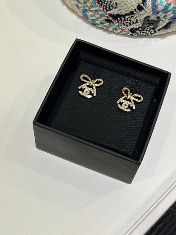 Kitlife Chanel 25K Light Gold Bow with Full Diamond Double C Stud Earrings 