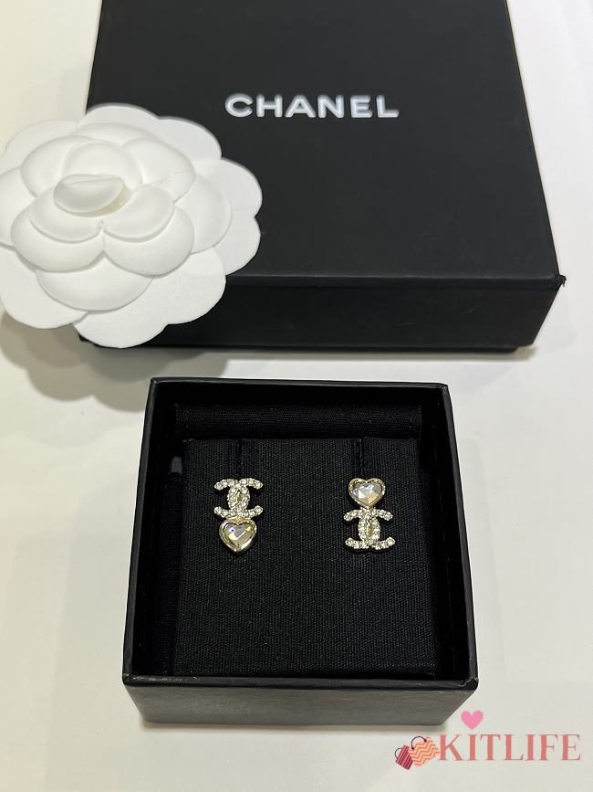 Kitlife Chanel 25B Heart-Shaped Diamond Gold Full Diamond Double C Stud Earrings - 1