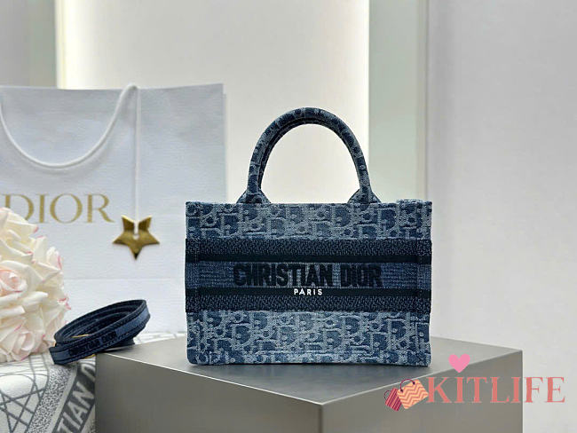 Kitlife Dior Mini Book Tote Blue Denim Embroidery 21.5x13x7.5cm  - 1