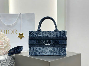 Kitlife Dior Mini Book Tote Blue Denim Embroidery 21.5x13x7.5cm 