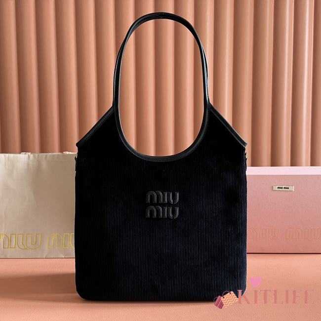 Kitlife Miu Miu Tote Bag Black Suede Corduroy 5BG231 35x40cm  - 1