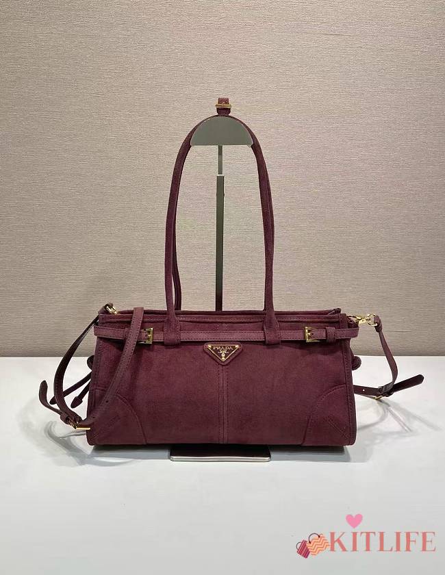 Kitlife Prada Bonnie Medium Burgundy Suede Handbag 1BA426 32x15.5x12cm - 1
